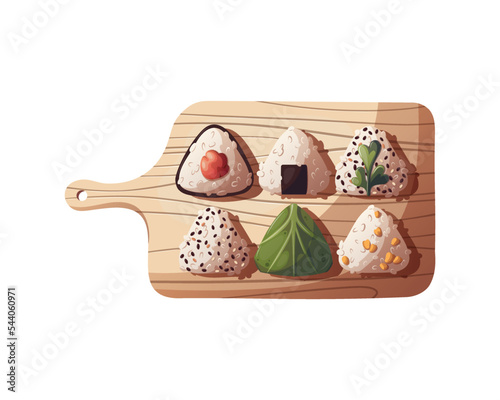 Onigiri on the board. Japanese food, healthy eating, cooking, menu, nutrition concept. Vector illustration. 