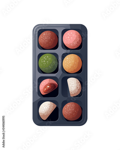 Colorful Sweet Mochi. Japanese food, healthy eating, cooking, menu, sweet food, dessert concept. Vector illustration.