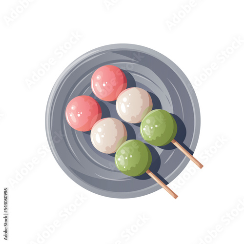Colorful Sweet dango on the plate. Japanese food, healthy eating, cooking, menu, sweet food, dessert concept. Vector illustration. 