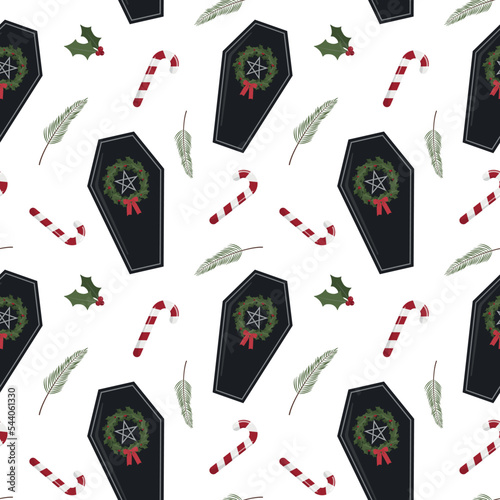 Creepy Christmas coffin with candy canes, holly berries and branches. Isolated on white background. Christmas and New Year digital paper design.