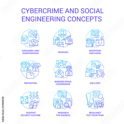 Cybercrime and social engineering blue gradient concept icons set. Digital safety. Hacker attacks idea thin line color illustrations. Isolated symbols. Roboto-Medium, Myriad Pro-Bold fonts used
