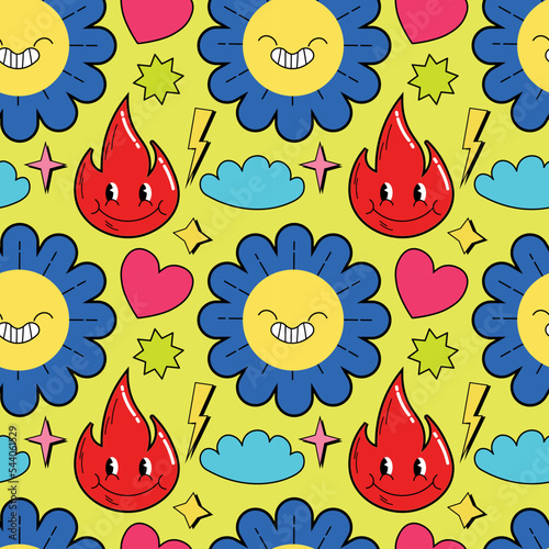 Seamless pattern with psychedelic characters. Trendy vector print. Abstract design of cartoon stickers. Trend vector illustration EPS