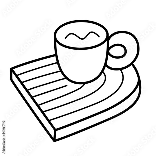 Cute rainbow coaster icon, vector doodle illustration of ceramic or silicone placemat with cup, nordic clay coaster, scandi home decor, isolated outline clipart on white background