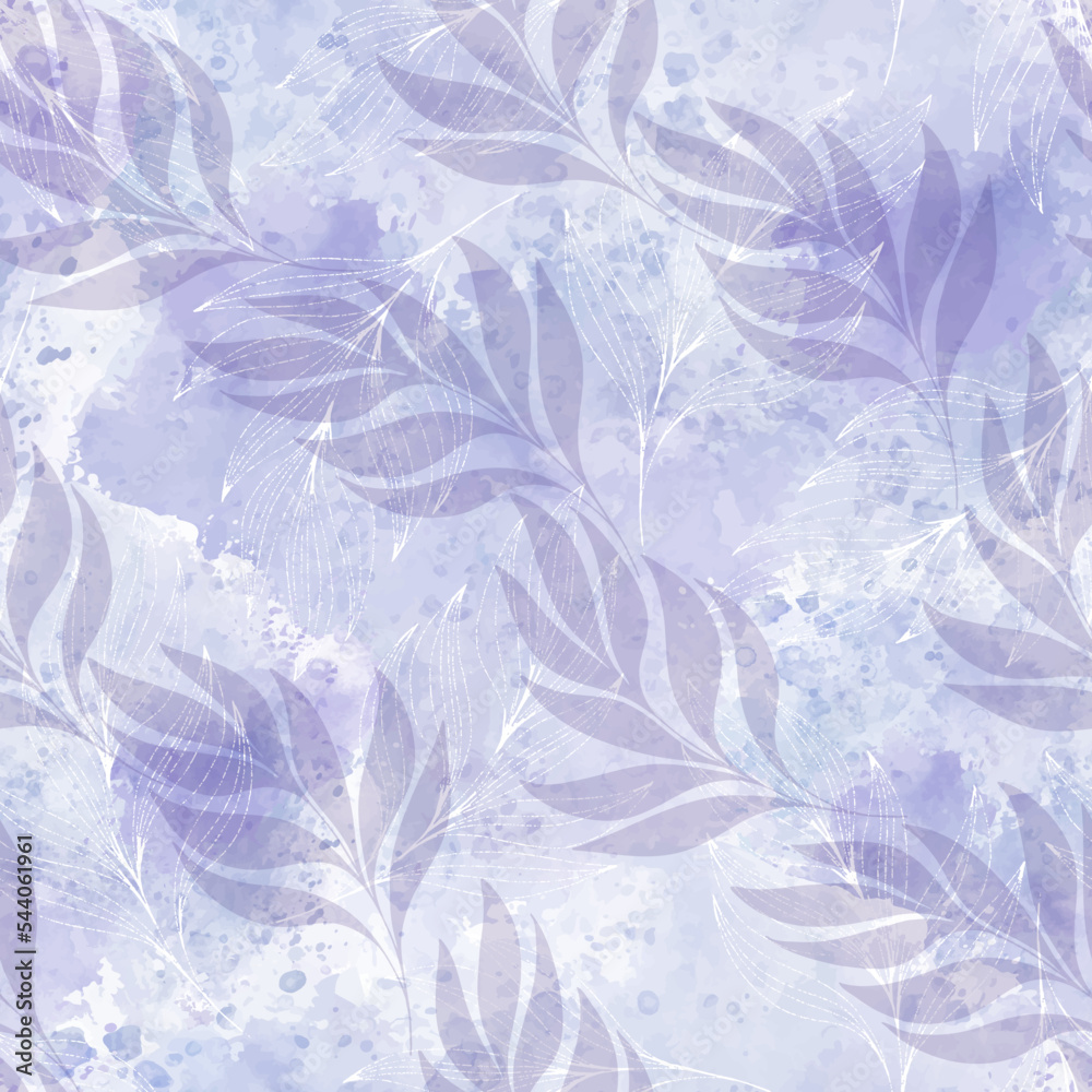 Seamless monochrome pattern with  hand-drawn abstract branches on lilac watercolor background. Perfect for wallpaper, wrapping, fabric and textile.