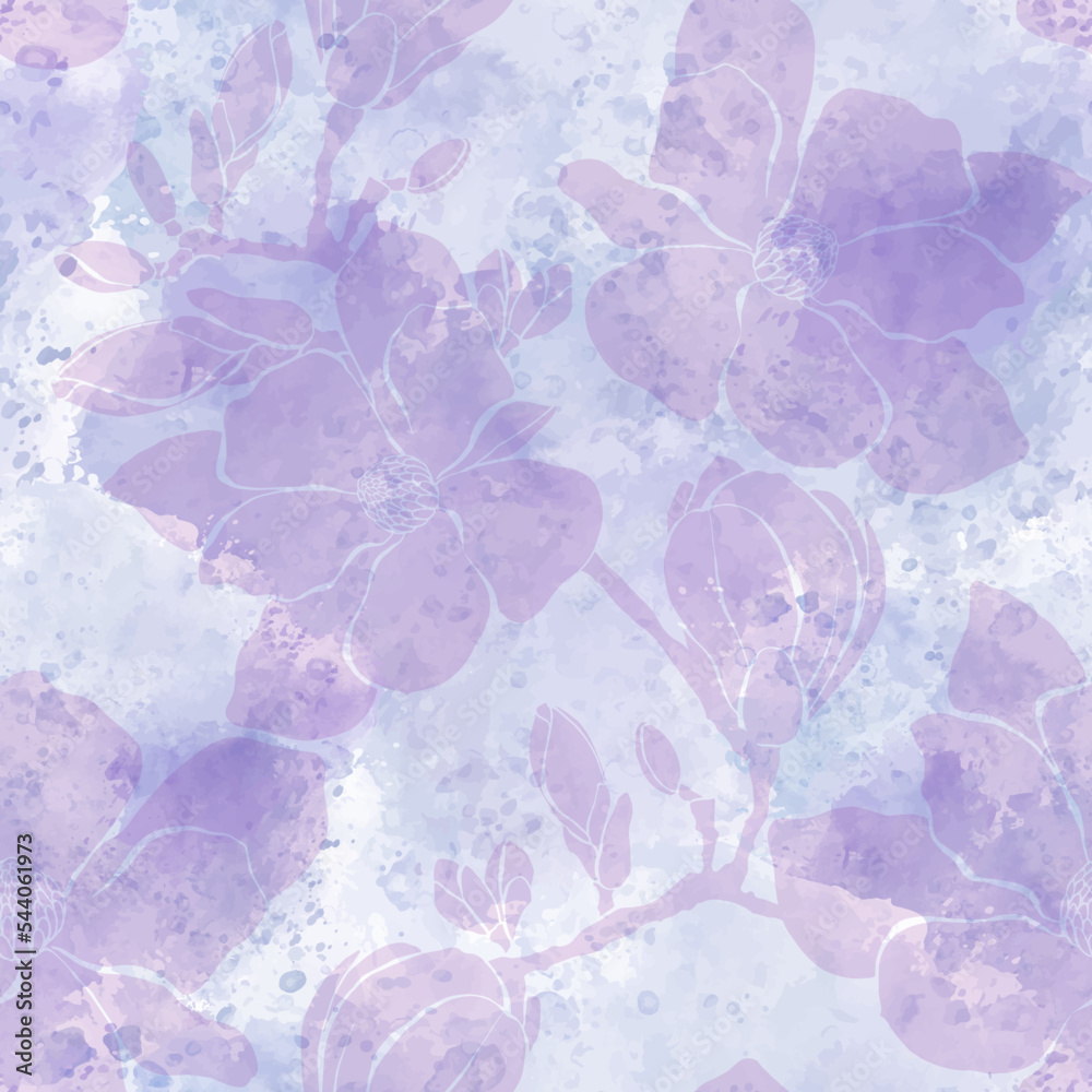Seamless monochrome pattern with hand-drawn magnolia flowers on lilac watercolor background. Perfect for wallpaper, wrapping, fabric and textile.
Seamless monochrome pattern with hand-drawn magnolia flowers on lilac watercolor background. Perfect for wallpaper, wrapping, fabric and textile.