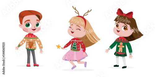 little happy kids in christmas sweators on the white background