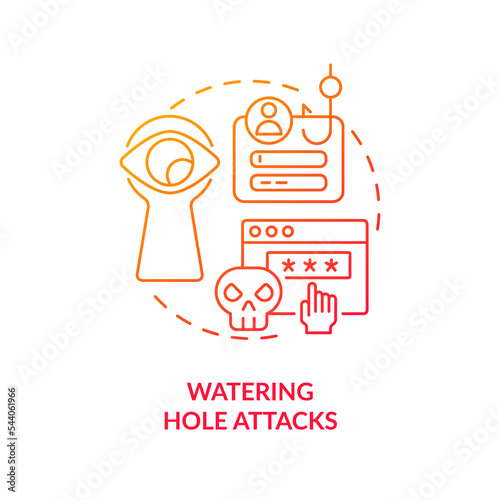 Watering hole attacks red gradient concept icon. Cyber infect. Hack website. Spread digital virus. Malware abstract idea thin line illustration. Isolated outline drawing. Myriad Pro-Bold font used
