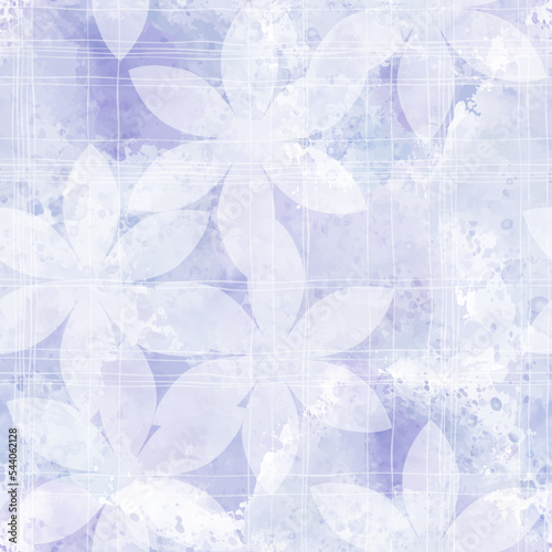 Seamless monochrome pattern with  hand-drawn abstract flowers on lilac watercolor background. Perfect for wallpaper, wrapping, fabric and textile.