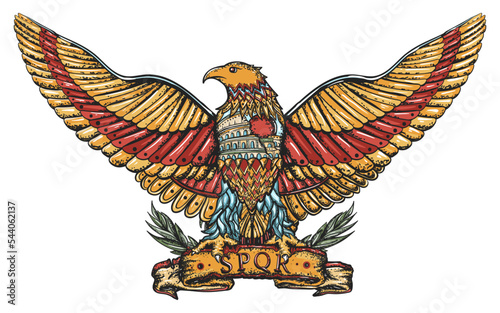 Ancient Rome eagle. Symbol of the Roman Empire. Old school tattoo vector art. Hand drawn graphic. Isolated on white. Traditional flash tattooing style