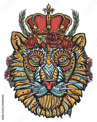 Royal lion and golden crown. African wild animals portrait. Old school tattoo vector art. Hand drawn graphic. Isolated on white. Traditional flash tattooing