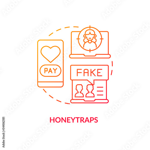 Honeytraps red gradient concept icon. Romance scam. Fake online dating. Digital security. Virtual fraud abstract idea thin line illustration. Isolated outline drawing. Myriad Pro-Bold font used