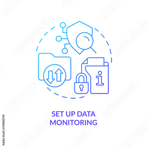 Set up data monitoring blue gradient concept icon. Check interaction with vulnerable files. Business security abstract idea thin line illustration. Isolated outline drawing. Myriad Pro-Bold font used