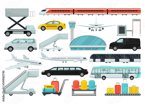 Airport vehicles and buildings set. Airplane, cargo truck, boarding ladder, bus, train, conveyor belt with luggage and scanner. Aviation transport terminal vector illustration