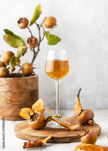 Homemade wine or liquor of medlar fruit in a small glass with fresh ripe fruits on wooden cutting board. (Mespilus germanica) Copy space. photo
