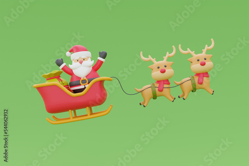 Fototapeta Naklejka Na Ścianę i Meble -  Santa Claus sitting on a reindeer sleigh ride flying. Merry Christmas and Happy New Year. 3d rendering.