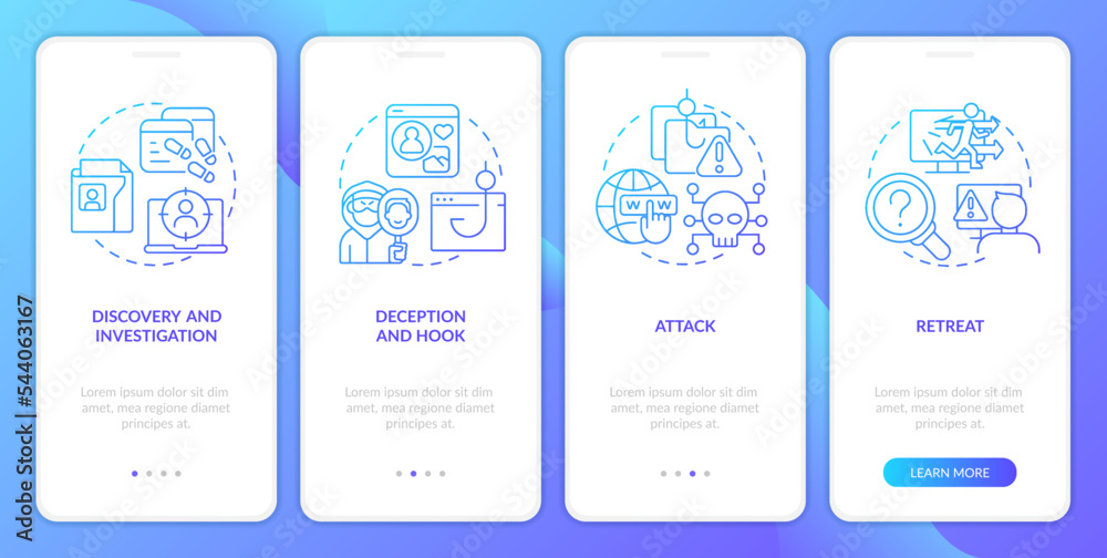Strategy of cyberattacks blue gradient onboarding mobile app screen. Walkthrough 4 steps graphic instructions with linear concepts. UI, UX, GUI template. Myriad Pro-Bold, Regular fonts used