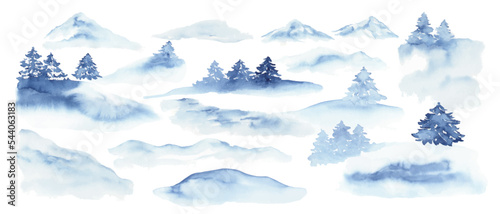 Set of winter landscape, scenery natural objects, trees, mountains, hills, forest. Foggy forest, blue watercolor texture, wash.