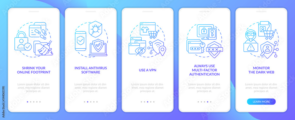 Protect yourself from hackers scams blue gradient onboarding mobile app screen. Walkthrough 5 steps graphic instructions with linear concepts. UI, UX, GUI template. Myriad Pro-Bold, Regular fonts used