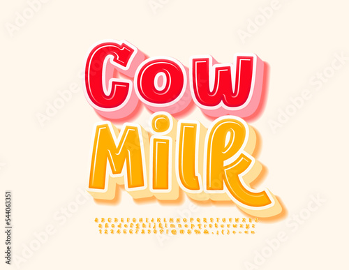 Vector cute banner Cow Milk with Yellow 3D Font. Creative Alphabet Letters, Numbers and Symbols set