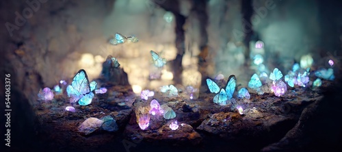 Fotografia Glowing butterfly in the crystal cave. Fantasy scenery