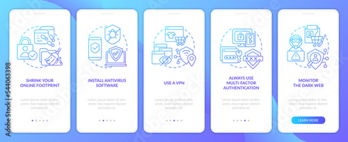 Protect yourself from hackers scams blue gradient onboarding mobile app screen. Walkthrough 5 steps graphic instructions with linear concepts. UI, UX, GUI template. Myriad Pro-Bold, Regular fonts used