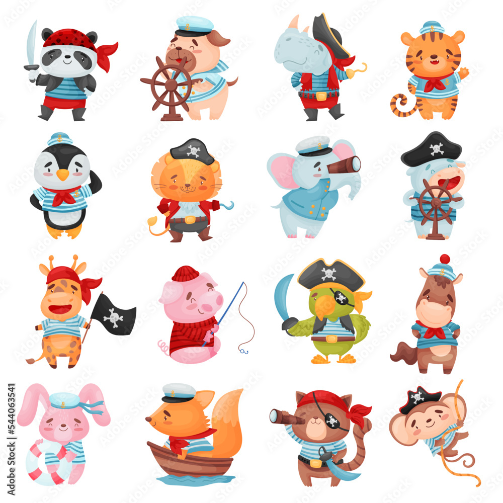 Funny Animal Character Pirates and Sailors Sailing and Seafaring Big Vector Set