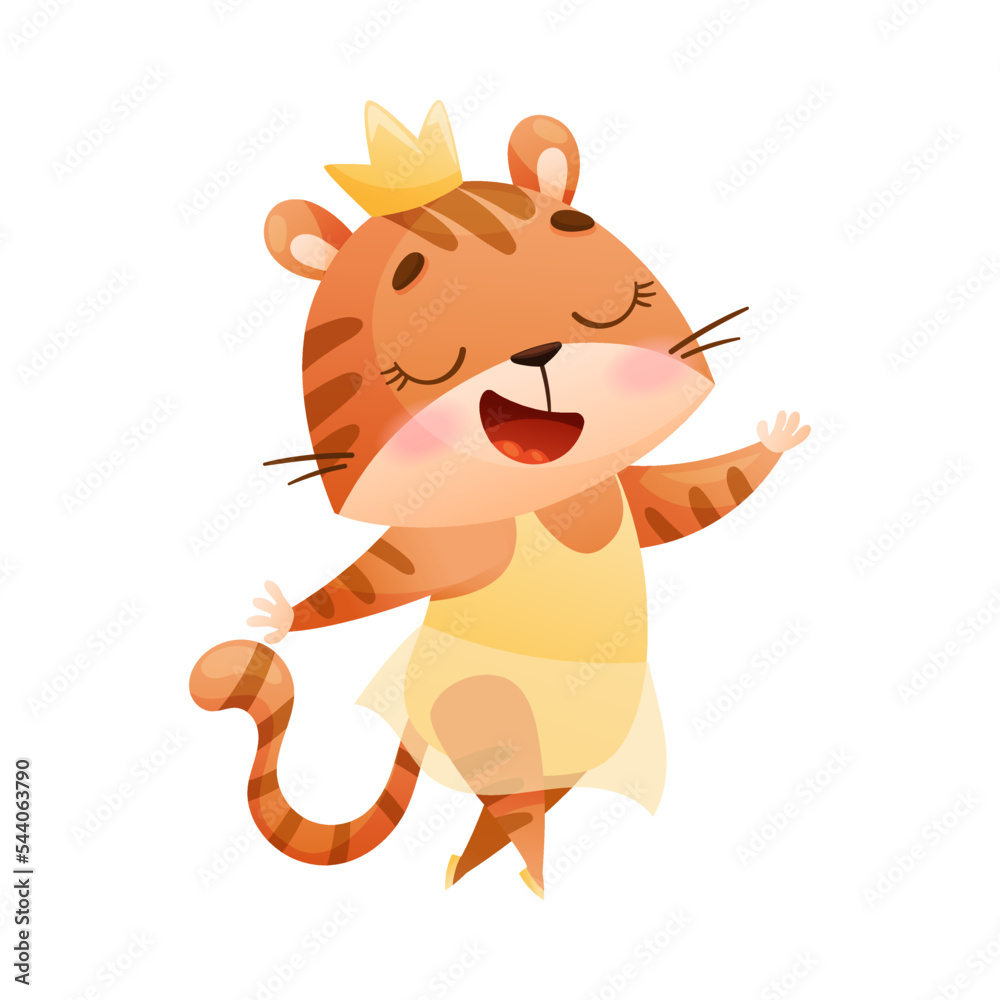 Fototapeta premium Cute Striped Tiger Dancing Ballet Wearing Skirt and Crown on Its Head Vector Illustration