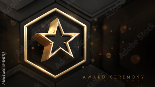 Award ceremony background with 3d gold star elements on black hexagon shape with glitter light effect decorations and bokeh. Luxury realistic style design concept.