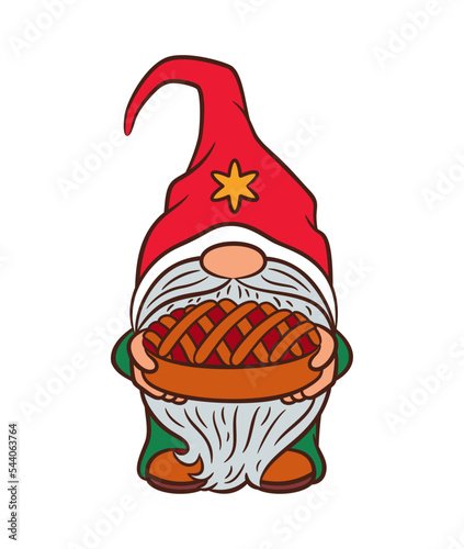 Cartoon gnome holding pie bakery. Christmas food vector illustration. Cute scandinavian gnome with sweet cake. Funny nordic elf Christmas decoration. Cozy holiday hygge concept.