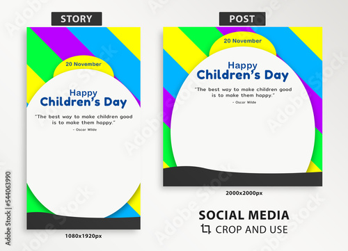 World Children's Day social media post and story template, crop and use, social media content and feed, 20 November Children Day, easy use template, content design with colorful background photo