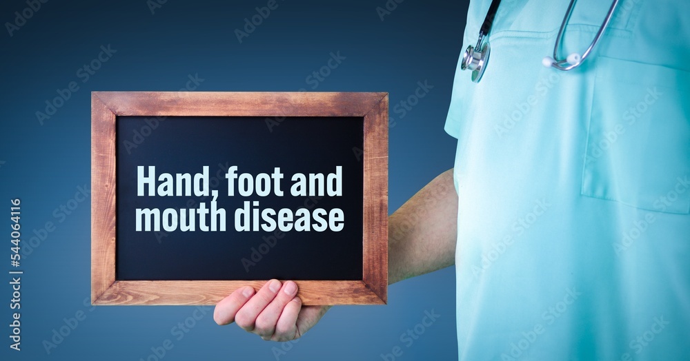 Hand, foot and mouth disease. Doctor shows sign/board with wooden frame. Background blue Hand, foot and mouth disease. Doctor shows sign/board with wooden frame. Background blue