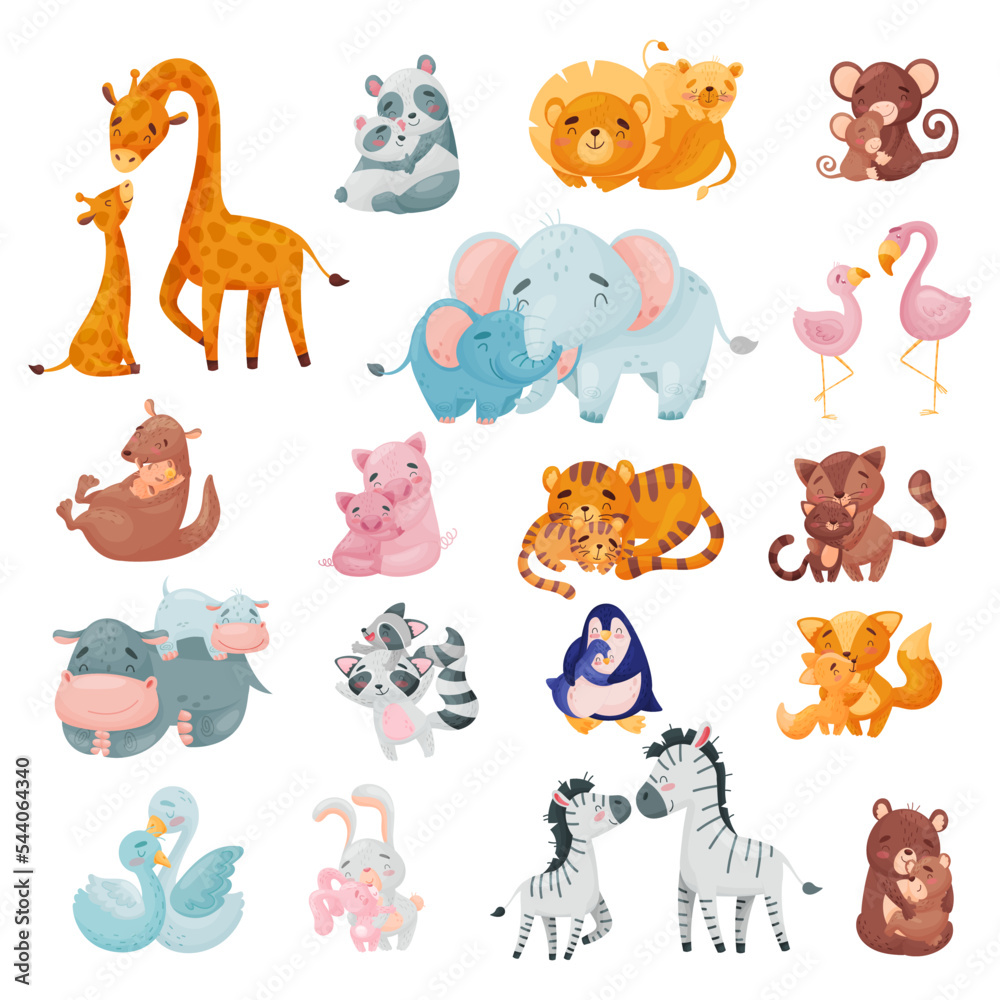 Fototapeta premium Mom Animal Cuddling with Its Little Baby Loving Each Other Big Vector Set