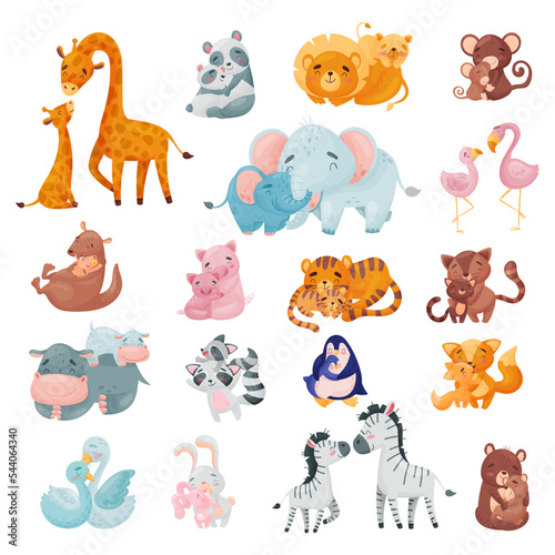 Mom Animal Cuddling with Its Little Baby Loving Each Other Big Vector Set