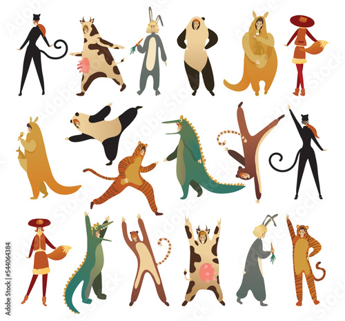 Set of women and men are wearing of animal costumes. Funny people dressed as panda, rabbit, cow, dinosaur, tiger, cat, kangaroo, fox cartoon vector illustration