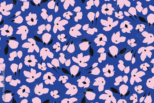 Night feminine seamless pattern with hand drawn paint wildflowers on dark background