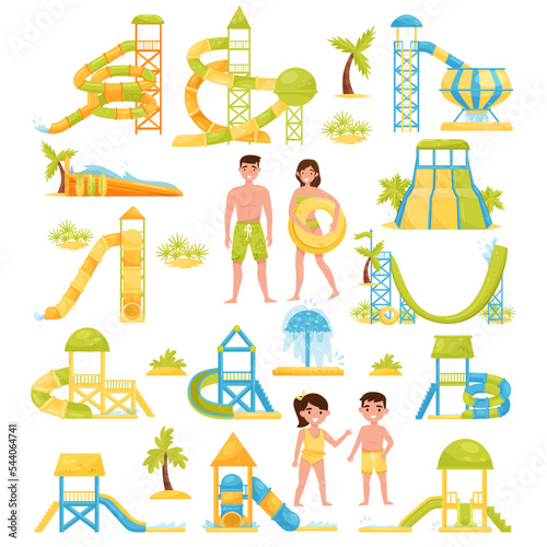 Aquapark Rest with Man, Woman and Kids with Different Water Slide as Tropical Beach Resort Vector Set