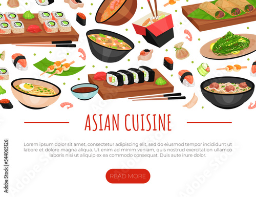 Asian Food Web Design with Noodles, Soup Bowl and Sushi Vector Template