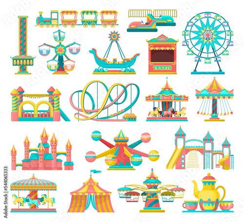 Amusement or Entertainment Park with Attractions Like Merry-go-round and Bouncy Castle Vector Set