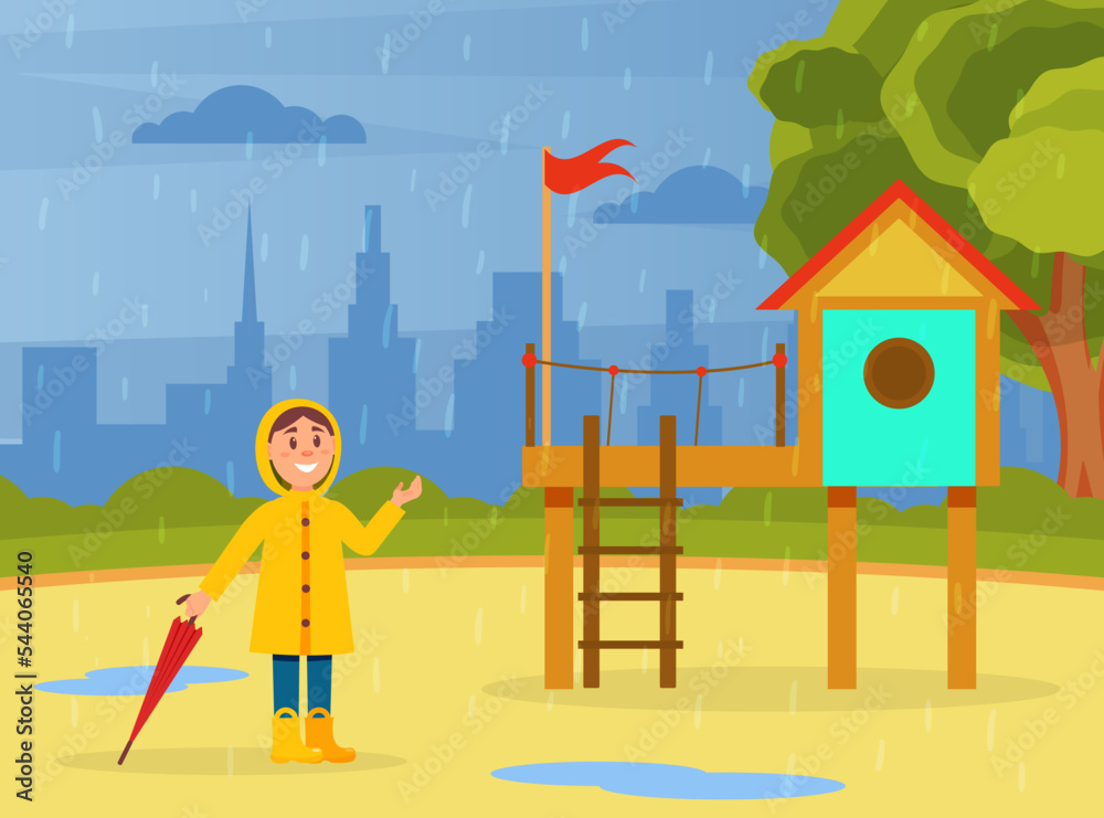 Little Boy in Yellow Raincoat with Umbrella Walking Outdoor in Autumn Enjoying Rainy Weather Vector Illustration Little Boy in Yellow Raincoat with Umbrella Walking Outdoor in Autumn Enjoying Rainy Weather Vector Illustration