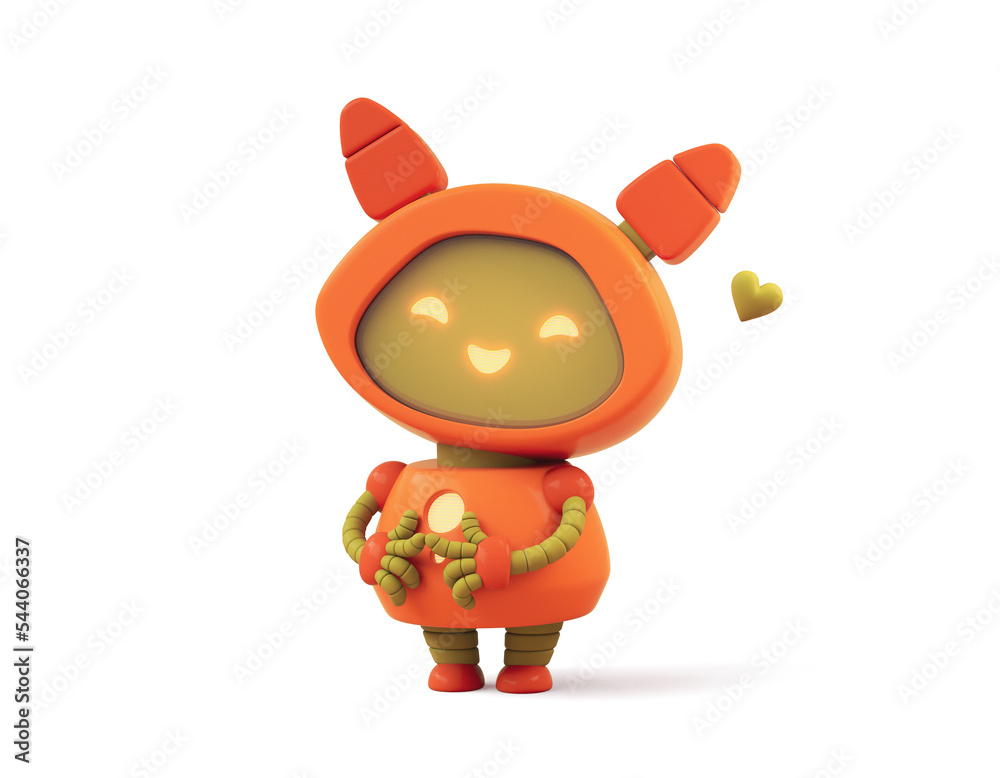 Friendly positive little orange robot girl with ears, glowing yellow smiling face on green screen standing in shy nervous pose two index fingers touching together. 3d render isolated on white backdrop - obrazy, fototapety, plakaty 