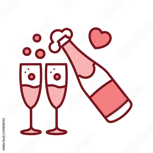 Champagne bottle and glasses line color icon.