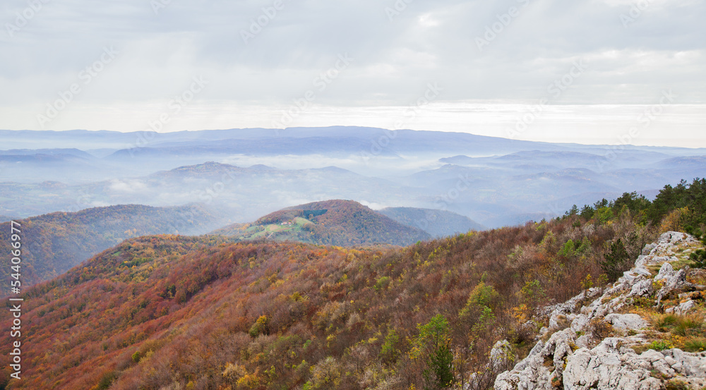 Beautiful view of mountain landscape on sunny autumn day. Cloudy sky. Picturesque scenery. Serbia, Europe. Beautiful view of mountain landscape on sunny autumn day. Cloudy sky. Picturesque scenery. Serbia, Europe.