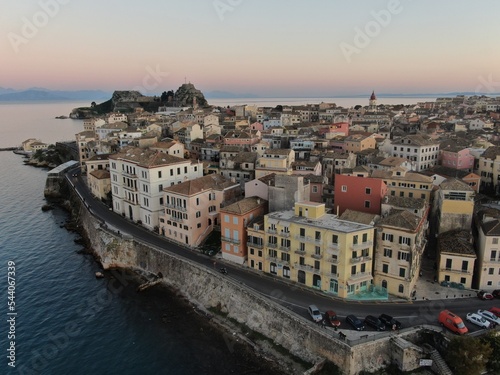 Aerial drone view of beautiful Kerkyra, capital of Corfu island, Greece