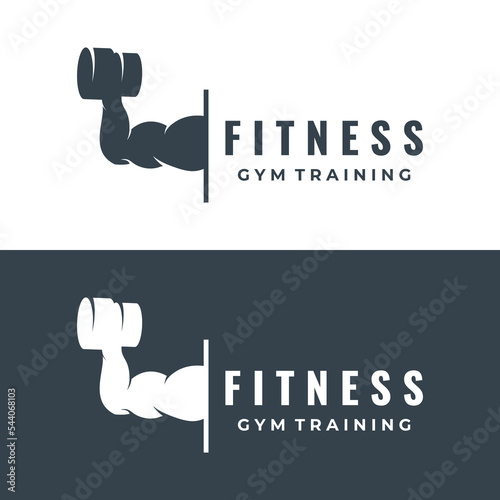 Creative dumbbell and barbell silhouette template logo. Dumbbells and barbells for gym, muscle training, club fitness, health, training.