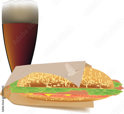 Mowed hot dog with container and red beer-