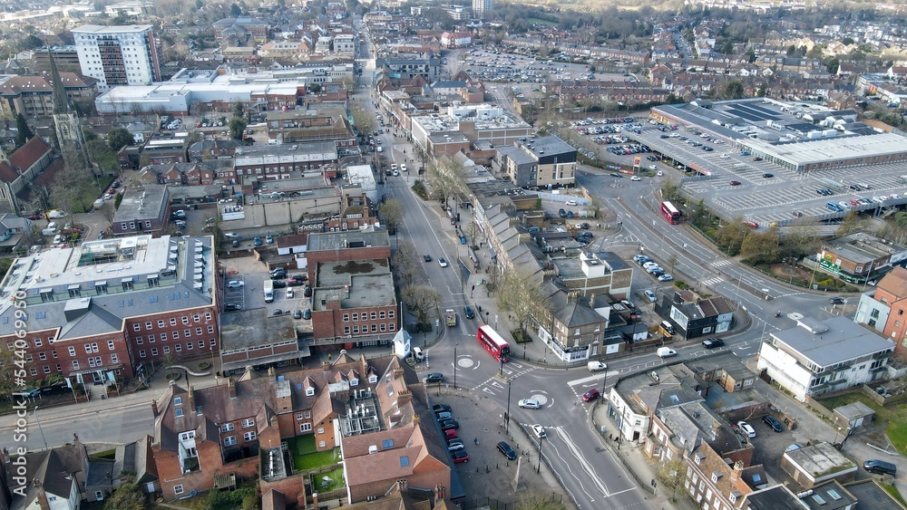 Brentwood  Essex Uk Town centre drone Aerial  shops and houses