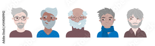 Elderly male portrait set. Avatar collection of casual aged men. Divercity adult vector cartoon illustrations isolated on white background. Icon bundle for representing person in social network.