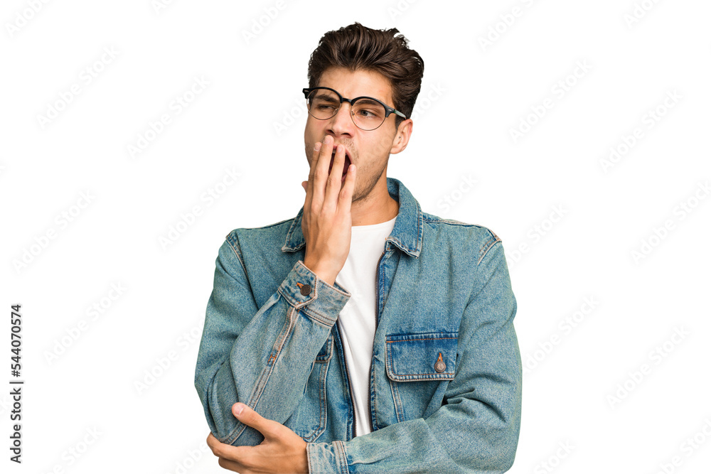 Young caucasian handsome man isolated yawning showing a tired gesture covering mouth with hand. Young caucasian handsome man isolated yawning showing a tired gesture covering mouth with hand.