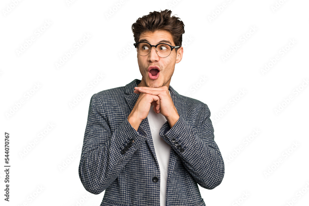 Young caucasian handsome man isolated praying for luck, amazed and opening mouth looking to front. Young caucasian handsome man isolated praying for luck, amazed and opening mouth looking to front.