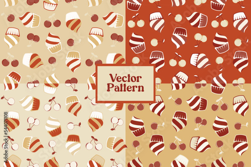 Set of sweet food cupcake and cherry fruit vintage seamless repeat vector pattern 